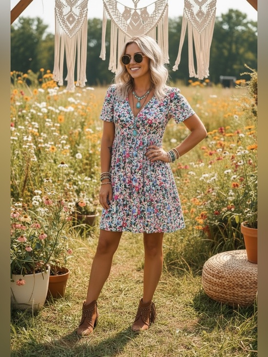 Ardene Dresses & Skirts - Ardene Pink and Blue Floral V-Neck Dress Size Small NWT
